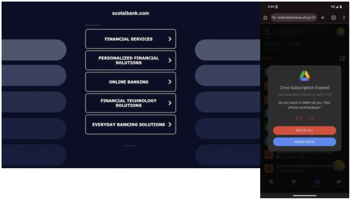 Μια σάρωση του ic3[.]org επέστρεψε μια μη απειλητική σελίδα στάθμευσης (αριστερά), ενώ ένας χρήστης κινητού κατευθύνθηκε αμέσως σε παραπλανητικό περιεχόμενο (δεξιά) (Πηγή - Infoblox)